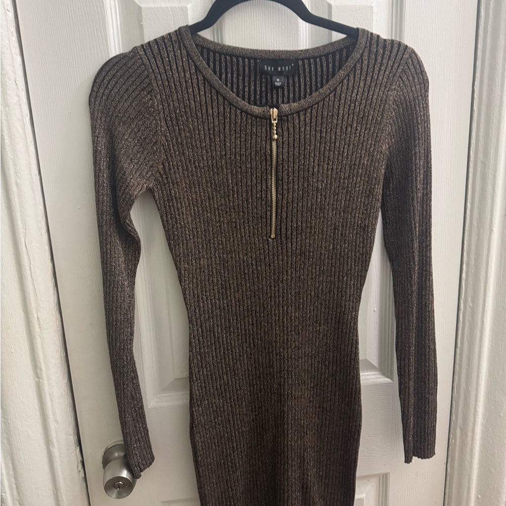 Source Unknown Ribbed Brown Dress with Gold Zipper